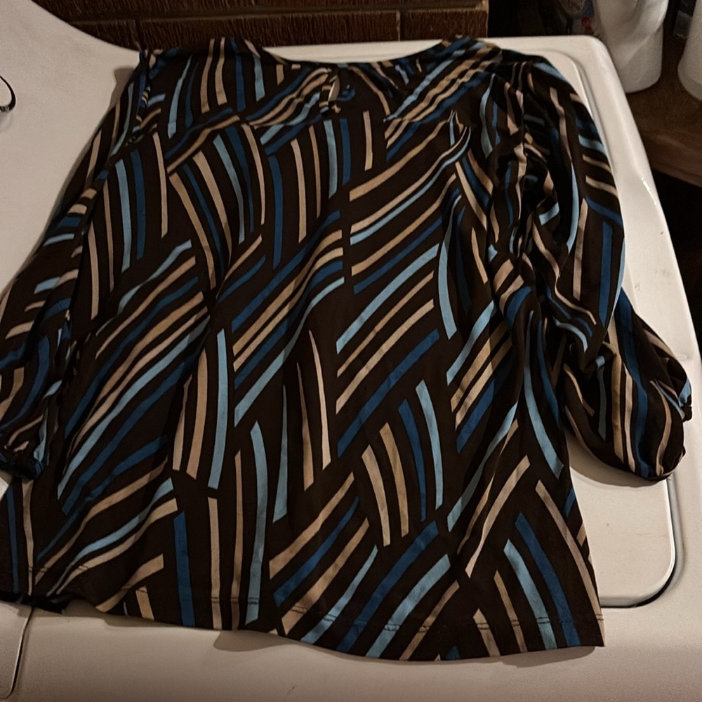 ND New Directions Petite Brown Striped Blouse Key Hole 3/4 Sleeves Blue Tan PL